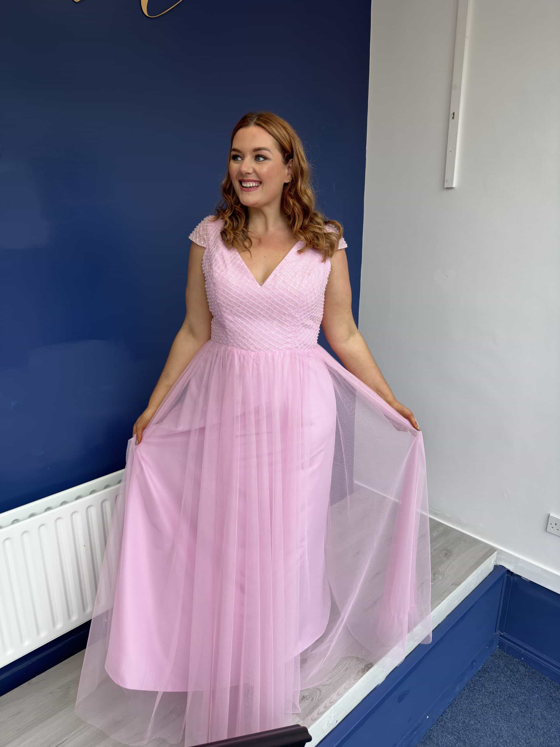 Violet | Candy Pink Formal Dress with Embroidered Embellished Bodice-1