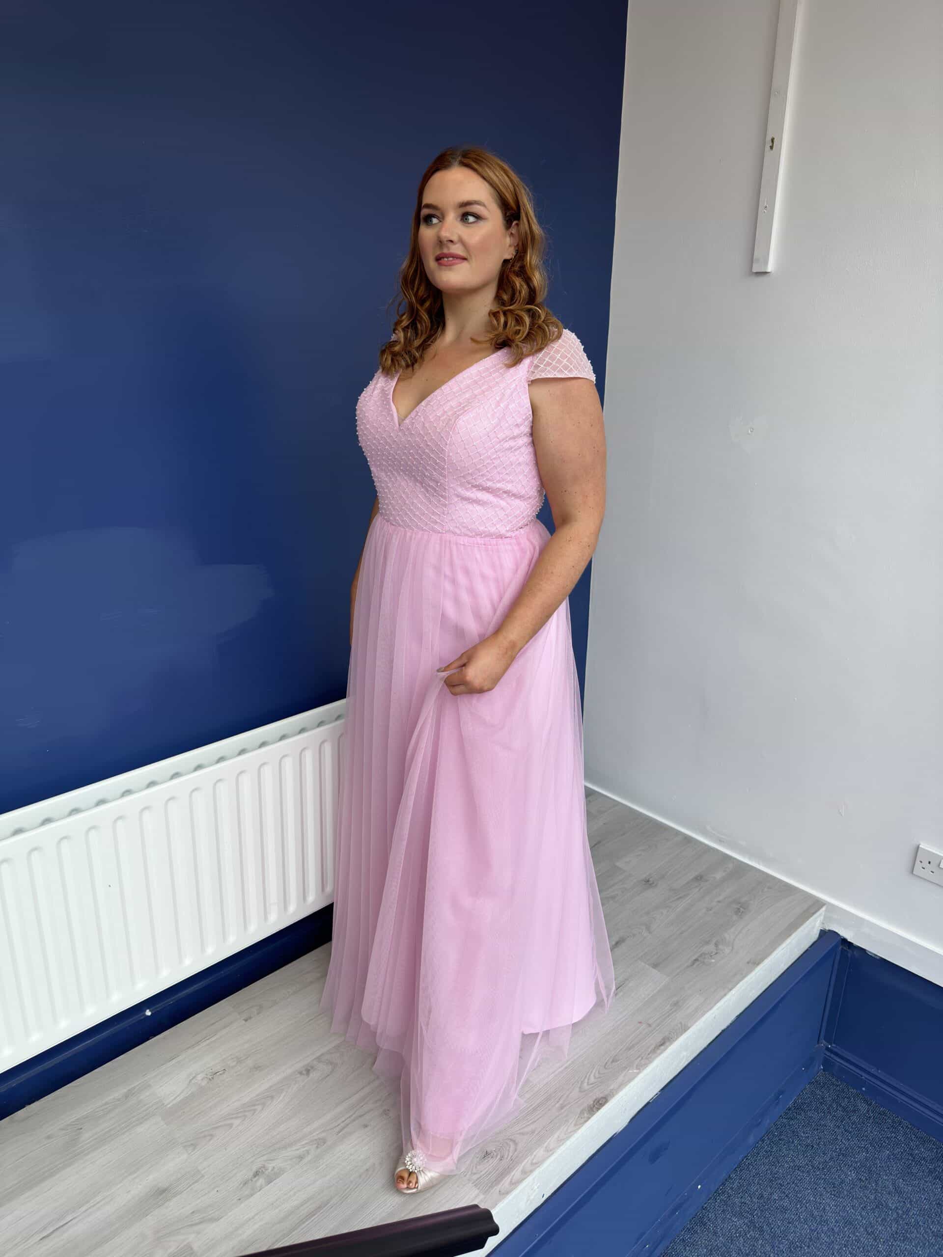 Violet | Candy Pink Formal Dress with Embroidered Embellished Bodice-12