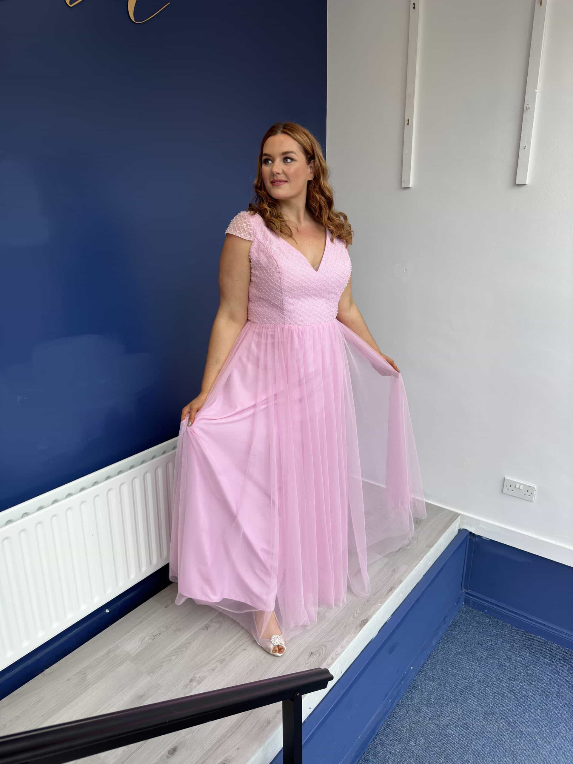 Violet | Candy Pink Formal Dress with Embroidered Embellished Bodice-4