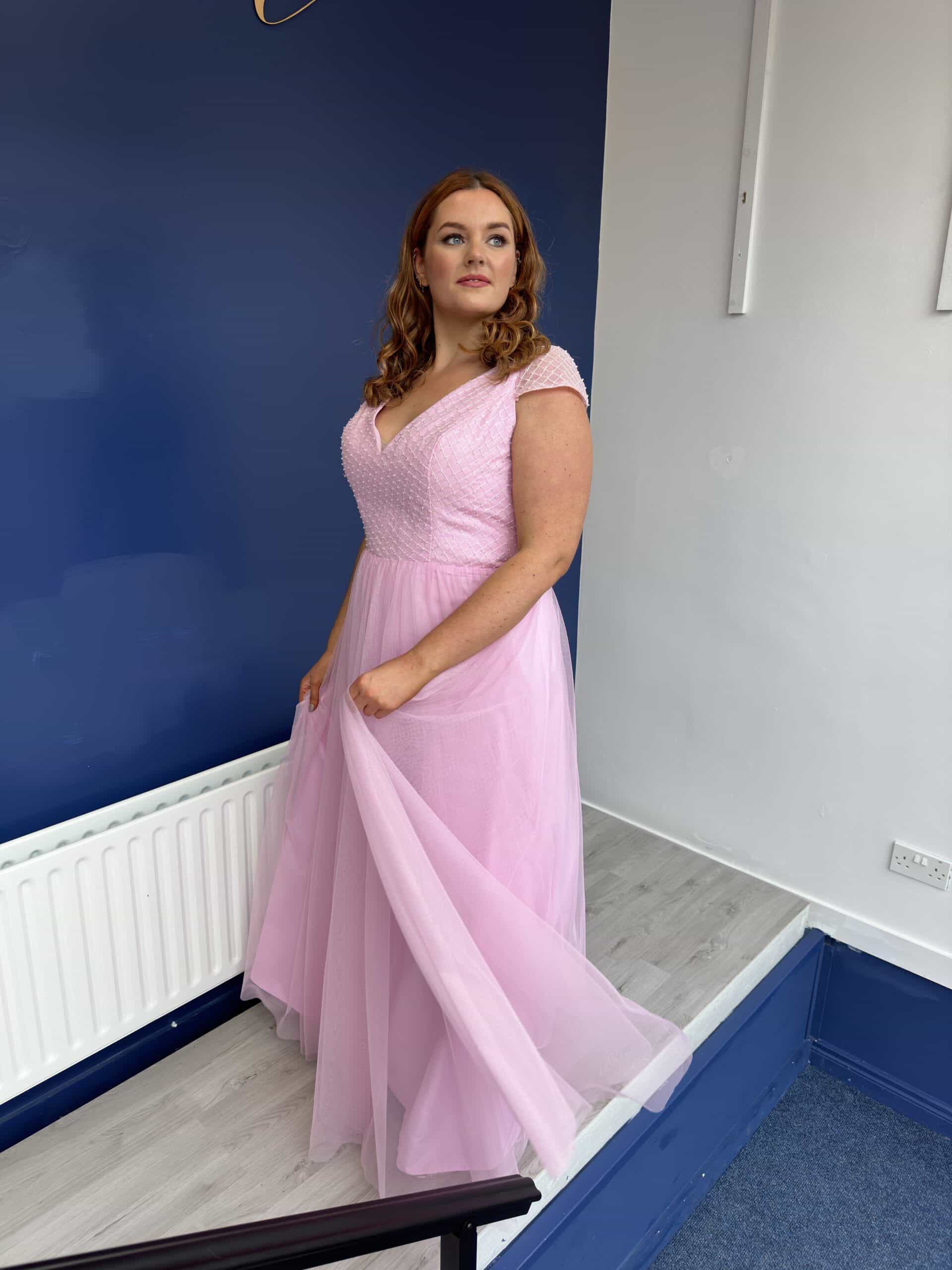 Violet | Candy Pink Formal Dress with Embroidered Embellished Bodice-7