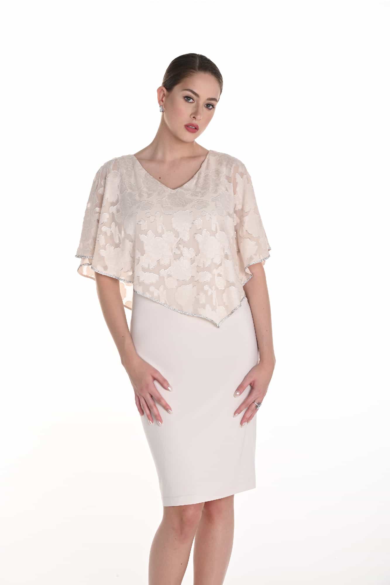 Cream Midi Dress with Floral Shawl Overlay | Frank Lyman
