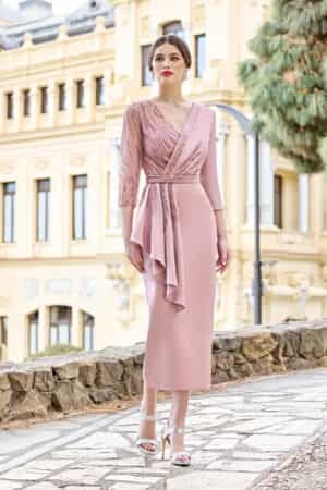 Satin Beaded Rose Midi Length Dress