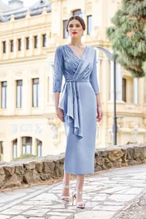 Satin Beaded Periwinkle Sky Blue Midi Length Dress