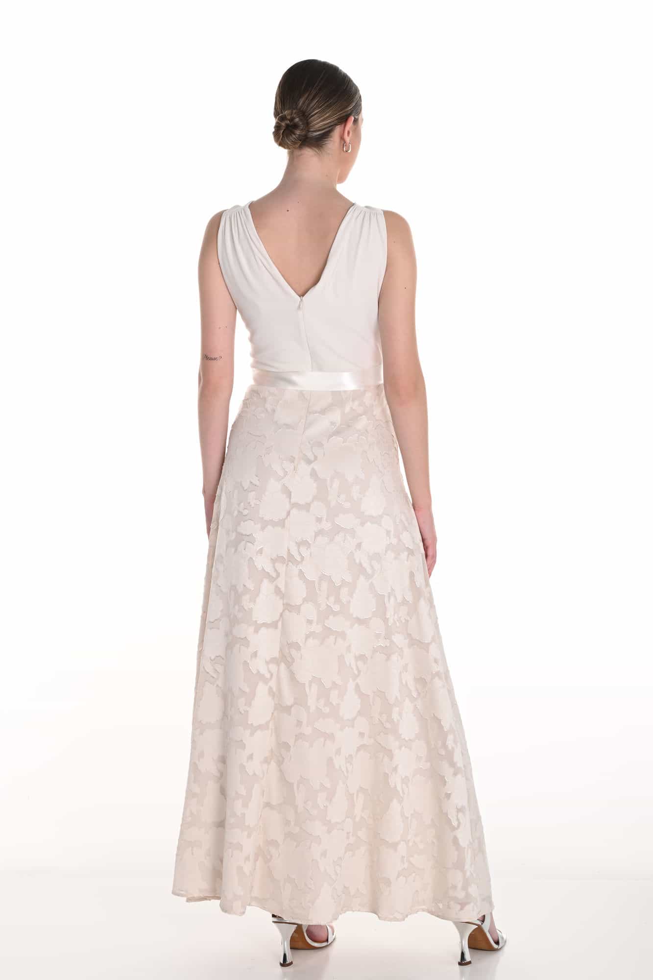 258316 BACK Frank Lyman floral embroidered plus size maxi dress back view in ivory and blush, showing V-back neckline and full length embroidered skirt