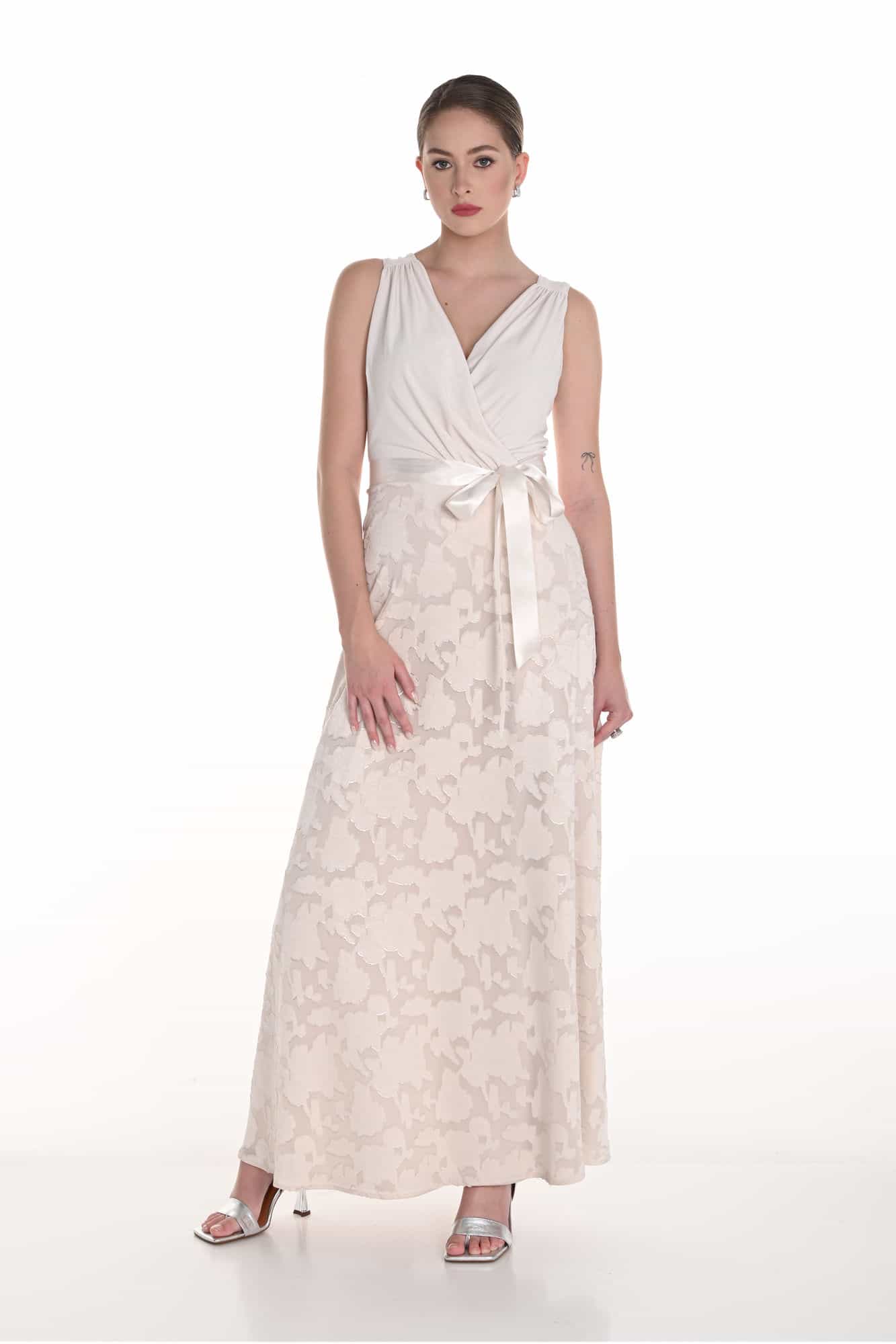 258316 GOWN Frank Lyman plus size floral maxi dress front view with faux wrap V-neckline and satin belt tie in ivory and blush, available at Curvy Chic Boutique Belfast