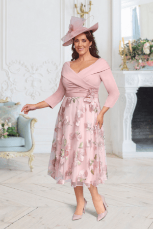 DU668K Blush Midi Dress with Floral Skirt