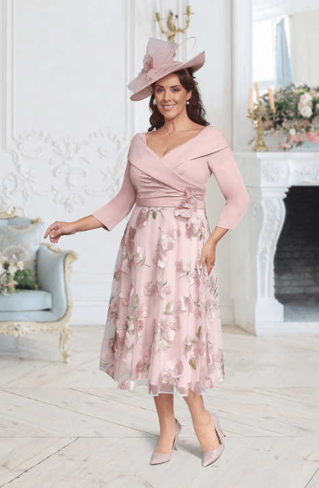 Veromia Crossover midi dress with floral skirt DU668K Blush Midi Dress with Floral Skirt
