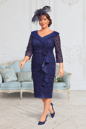DU658G Navy Lace Midi Sleeved Dress Veromia