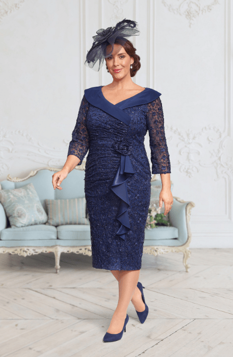 DU658G Navy Lace Midi Sleeved Dress Veromia DU658G Navy Lace Midi Sleeved Dress Veromia