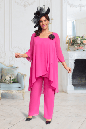 DU659K Fuschia Float Trouser Suit with Floral Applique Veromia