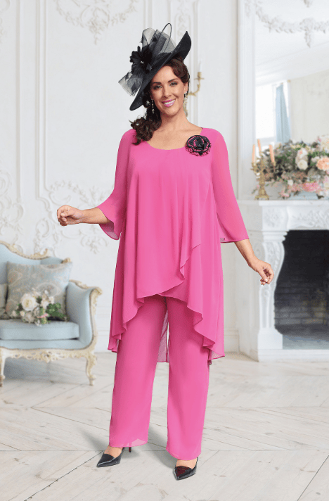DU659K Fuschia Float Trouser Suit with Floral Applique Veromia