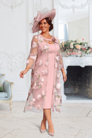 DU667K Blush Midi Dress with Lace Floral Jacket Veromia