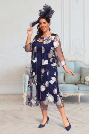 DU667K Navy Midi Dress with Lace Floral Jacket Veromia