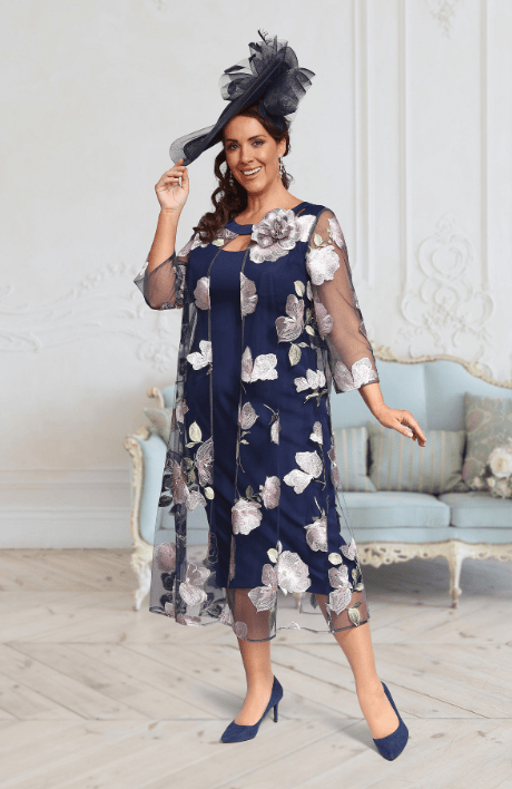 DU667K Navy Midi Dress with Lace Floral Jacket Veromia DU667K Navy Midi Dress with Lace Floral Jacket Veromia