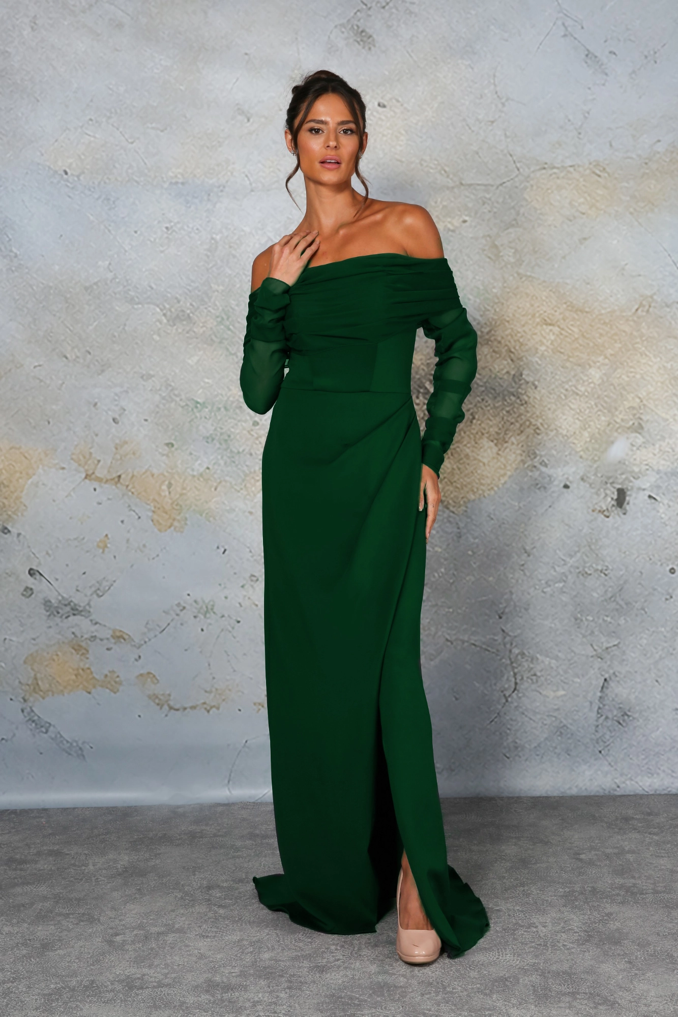 Long Sleeve Bardot Sheath Dress | Richard Designs_rdm1337_hunter-green-61 Long Sleeve Bardot Sheath Dress | Richard Designs hunter green