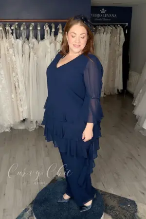 Plus size navy ruffle trouser suit with bell sleeves by Veromia