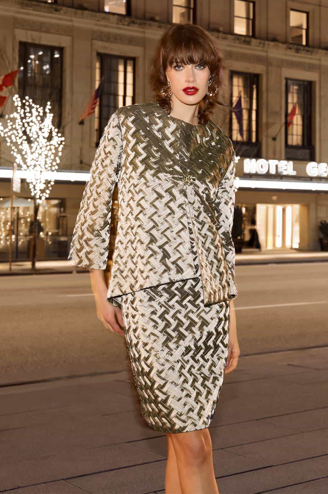Gold Basket Weave Dress with Jacket Frank Lyman | 259724 with jacket on front