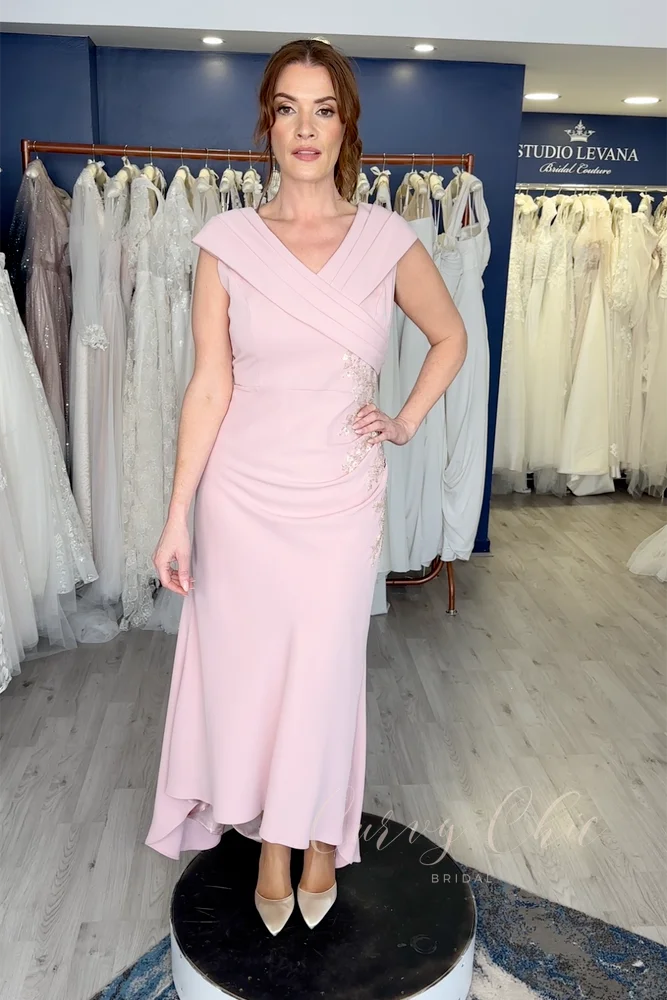 V-neck Fitted ankle length dress with a drop shoulder in Dusty Rose-3234H