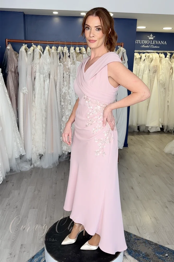 V-neck Fitted ankle length dress with a drop shoulder in Dusty Rose-3234H