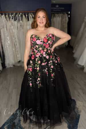 Black floral plus size wedding gown with sweetheart neckline