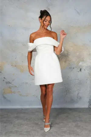 Isaura Off the shoulder matte satin mini wedding dress with pleated bodice and button back detail