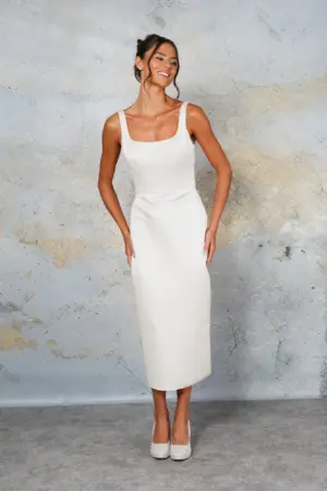 Plus size satin midi wedding dress with bow back and square neckline RDM1340